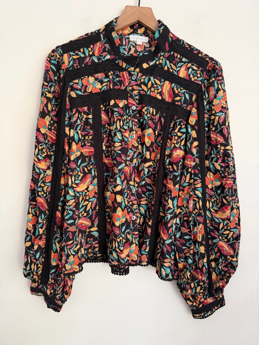 Jennifer & Grace Anthropologie floral Blouse dark romantic Boho long sleeve XL